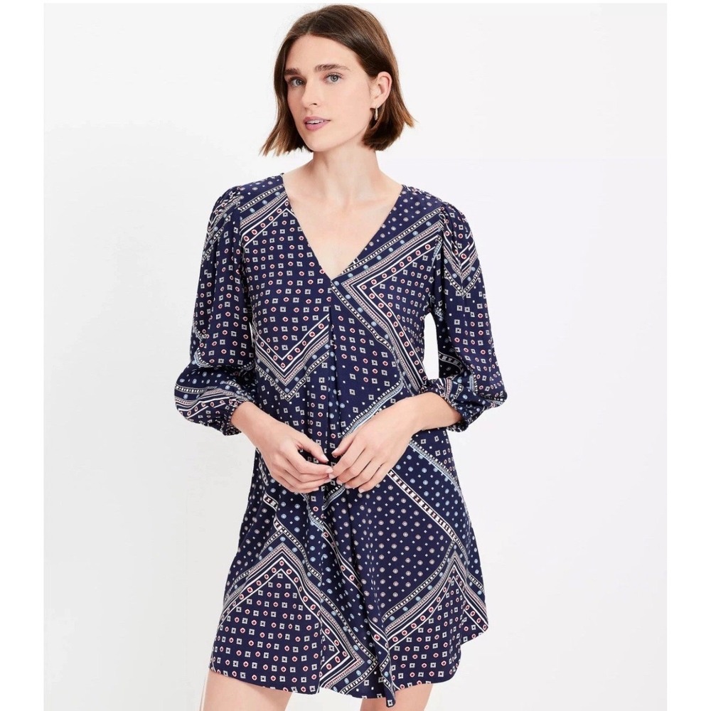 LOFT Bandana Print Navy Blue Shift Dress Boho XL 3/4 Sleeve V-Neck